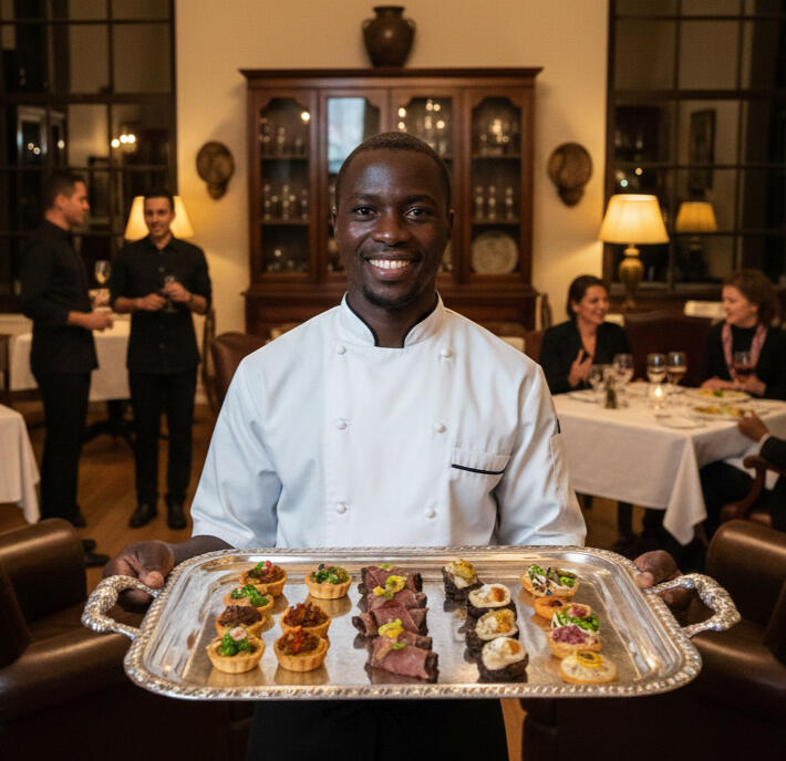 Hospitality team member presenting a platter of canapés in a formal dining room